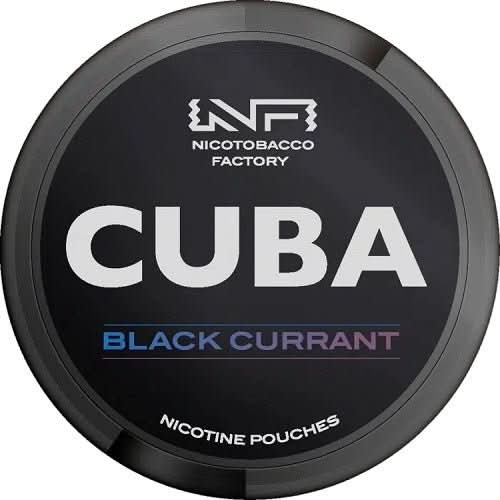 Cuba Nicotine Pouches Blackcurrant in a round can, delivering a rich and tangy blackcurrant flavour with strong nicotine in a tobacco-free pouch.